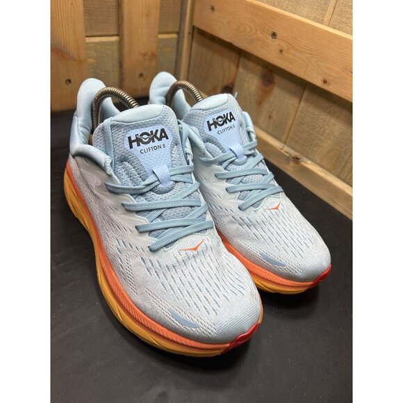 Hoka Clifton 8 Running Shoes Size 7D Light Blue Orange Yellow Womens - Picture 2 of 10